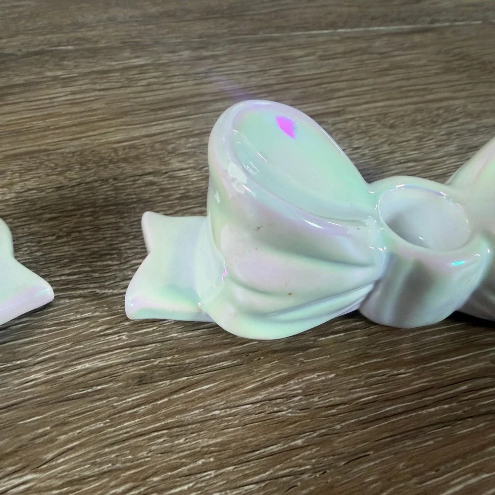 Target Bullseye Iridescent Ceramic Bow Taper Candle Holders Set of 2 READ DESC